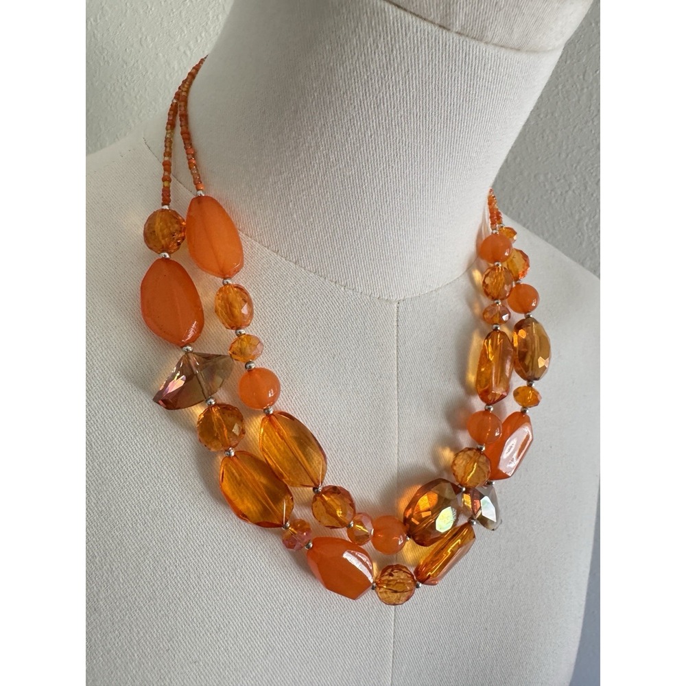 Vtg Orange Necklace 2 Strand Beaded Faceted Chunky Seed Statement Retro